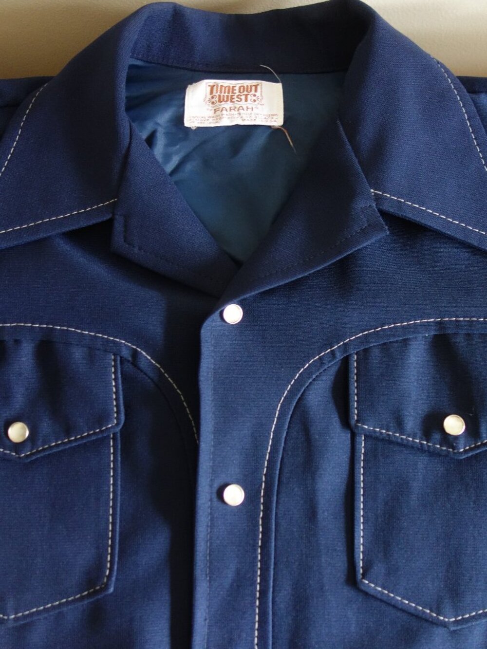 Vtg TIME OUT WEST / FARAH – Western Navy Pearl Snap Shirt w/ Contrast Stitching